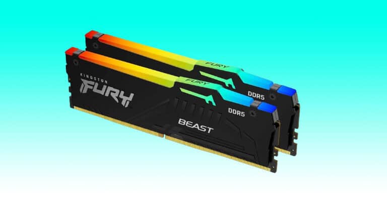 Two Kingston Fury Beast DDR5 RAM sticks with colorful lighting, operating at 6000MT/s, displayed against a gradient blue and green background.