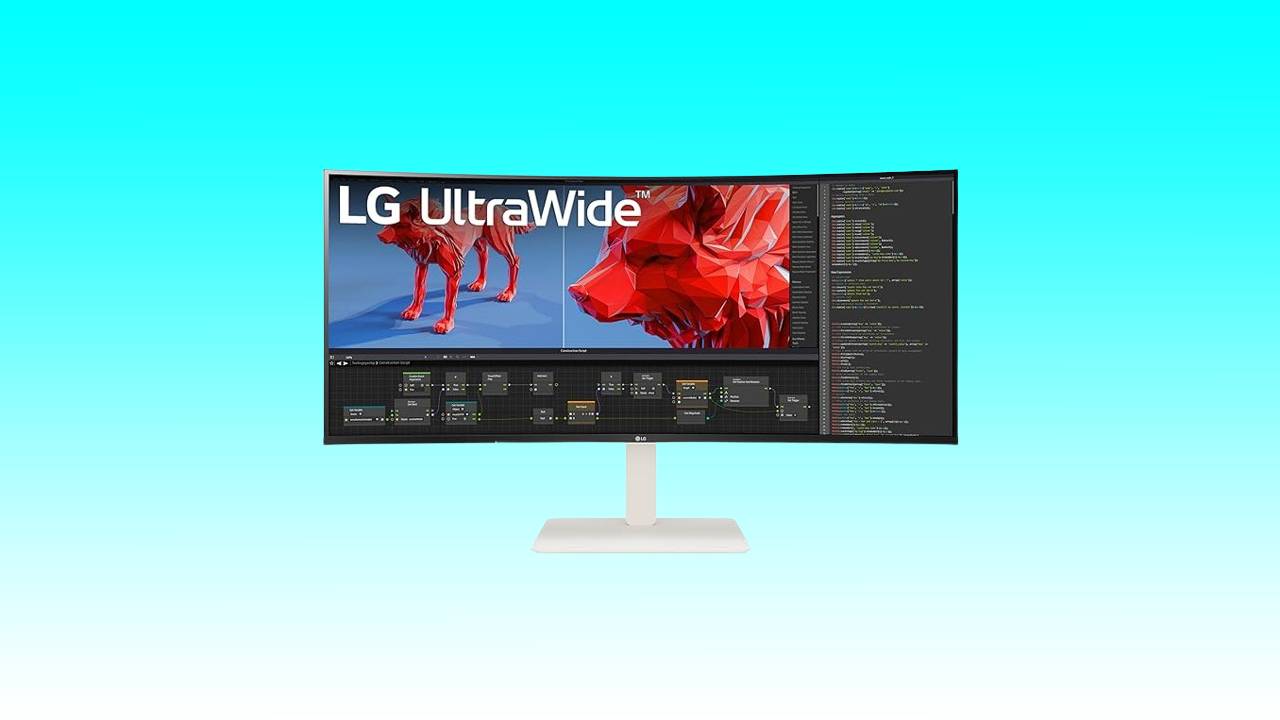 LG 38-inch Curved UltraWide monitor displaying 3D graphics software on a turquoise background.