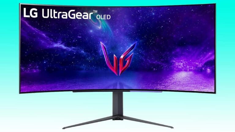 LG Ultragear OLED gaming monitor displaying vibrant cosmic graphics with an Asus ROG logo in the center.