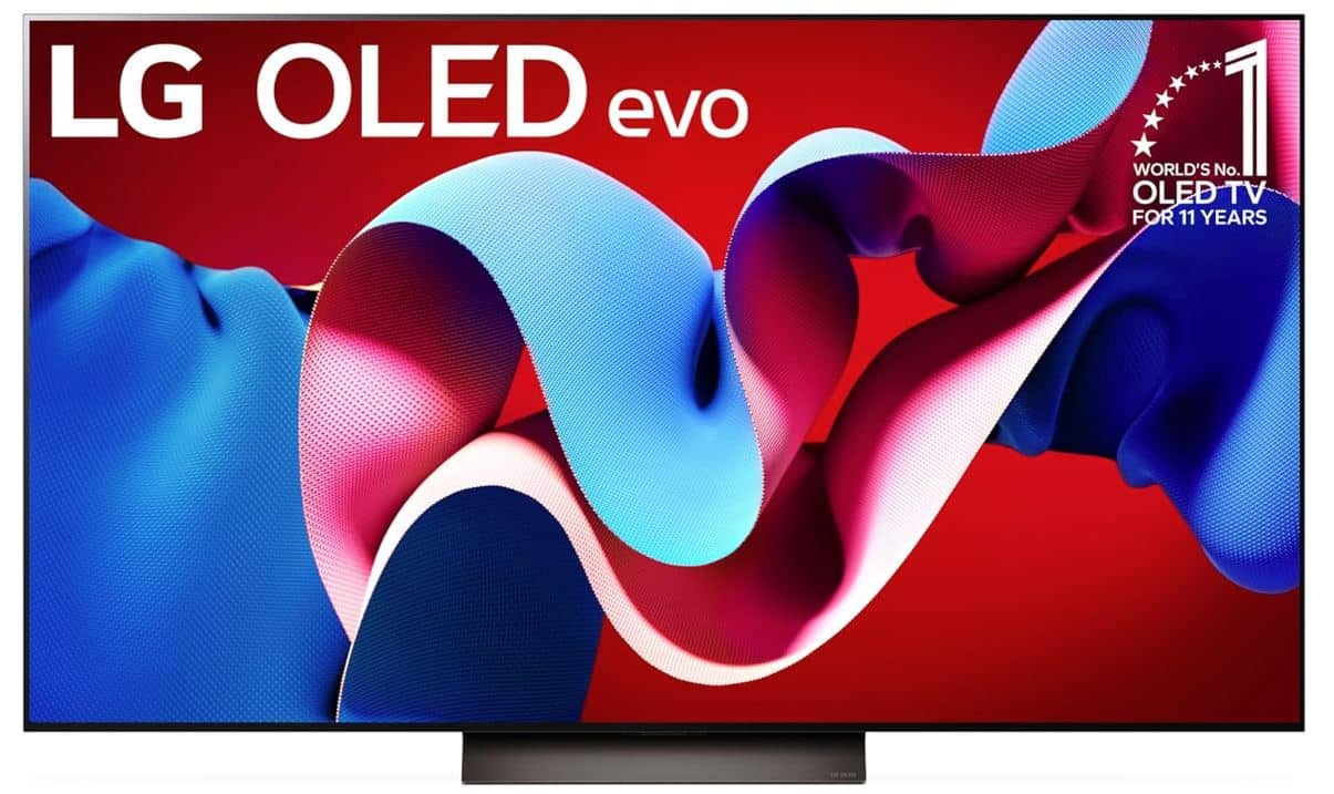 A 65-inch LG C4 OLED television screen displaying vibrant red, blue, and pink abstract waves. The text on the screen reads "LG OLED evo" and "World's No. 1 OLED TV For 11 Years.