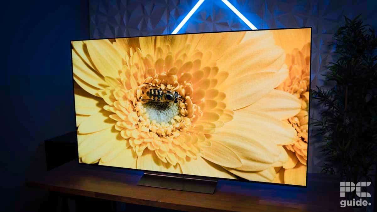 A 65-inch LG C4 OLED television on a wooden stand displays a close-up image of a bee on a large yellow flower. A blue light in the shape of a triangle glows on the wall behind it.