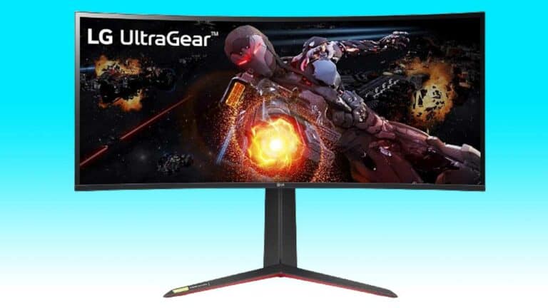 LG UltraGear gaming monitor deal featuring an action-packed sci-fi game scene, with a character in futuristic armor amidst an explosive background.
