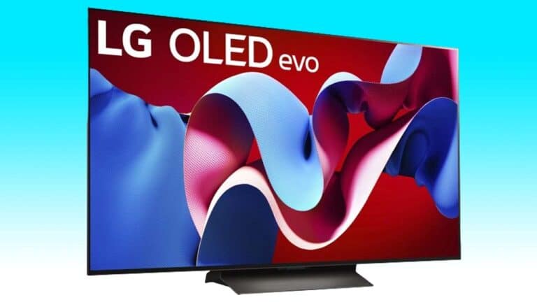 LG C4 OLED TV displaying vibrant abstract graphic with flowing red and blue ribbons on screen, model labeled as "LG OLED Evo.