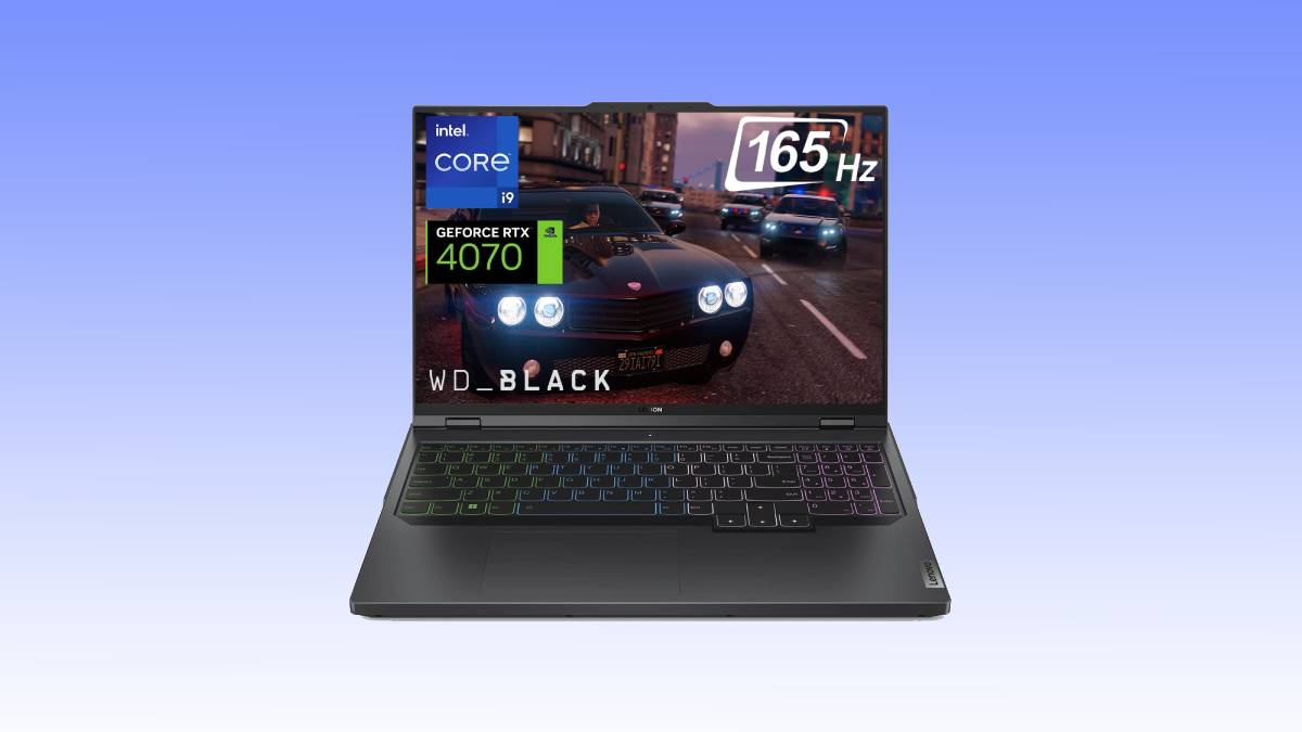 A gaming laptop deal displaying a car racing game, featuring Intel Core and GeForce RTX 4070 graphics, set against a gradient blue background.