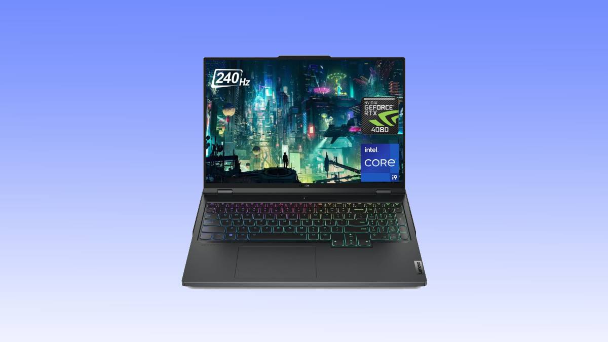A gaming laptop deal displaying futuristic graphics on its screen, featuring RGB keyboard backlighting, on a blue gradient background.