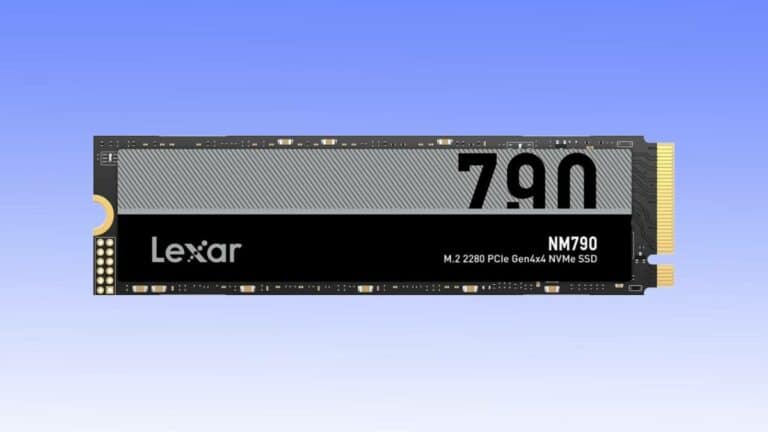 The Lexar NM790 M.2 2280 PCIe Gen4x4 NVMe SSD, featuring a sleek black and gray design with a gold connector, is set against a blue gradient background. Ideal for efficient auto draft operations, it enhances speed and performance effortlessly.