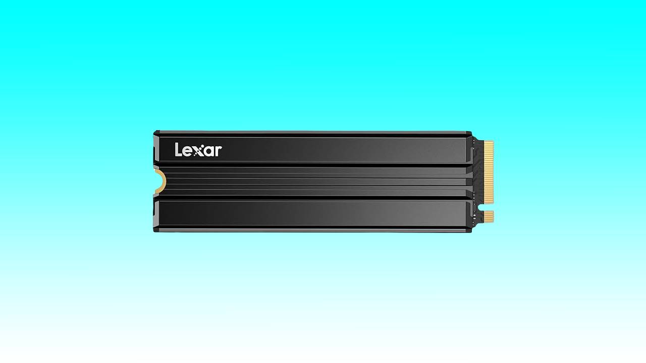 Black Lexar 2TB NM790 SSD against a teal background, showing the connector pins on the left side.