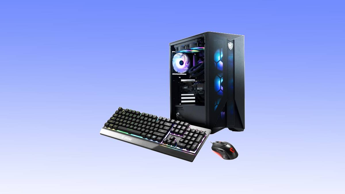 A gaming desktop setup with a black tower boasting colorful internal LED lighting, accompanied by an RGB backlit keyboard and a black and red gaming mouse, set against a blue gradient background. This sleek gaming PC is designed for an immersive experience.