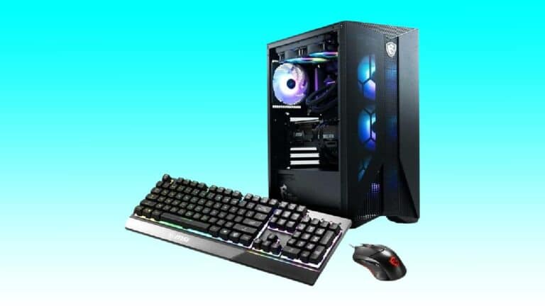 Desktop gaming pc with MSI RTX 4070 Super, accompanied by a mechanical keyboard and a gaming mouse, set against a turquoise background.