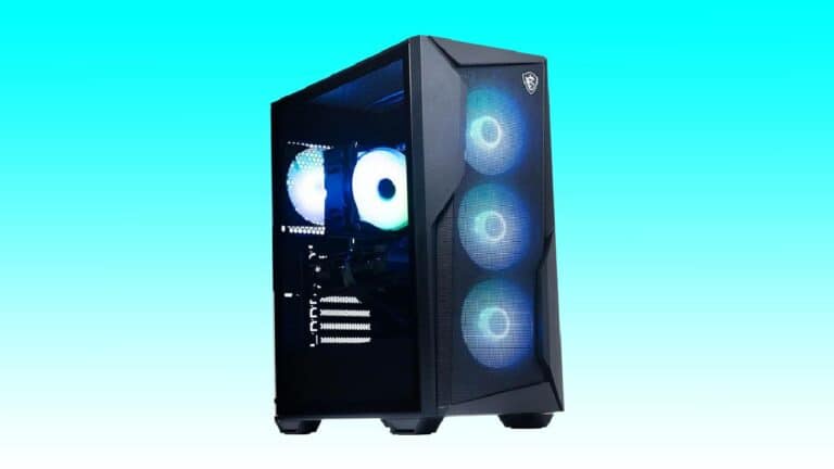 A modern MSI Codex R3 gaming desktop with a transparent side panel showcasing internal components and multiple blue LED fans, set against a gradient blue background.