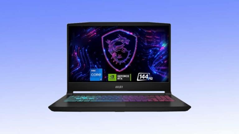 A MSI gaming laptop deal with a colorful keyboard and a vibrant screen displaying a glowing dragon graphic against a cosmic background.