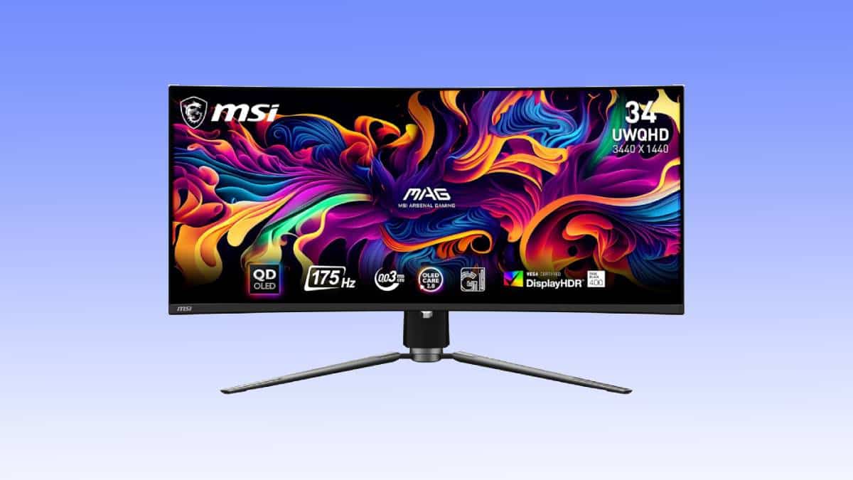A 34-inch ultra-wide 4K gaming monitor with vivid colorful graphics displayed on the screen, showing specs including a 175 Hz refresh rate and HDR capabilities, against a blue gradient background. Don't miss out on this incredible gaming monitor deal!