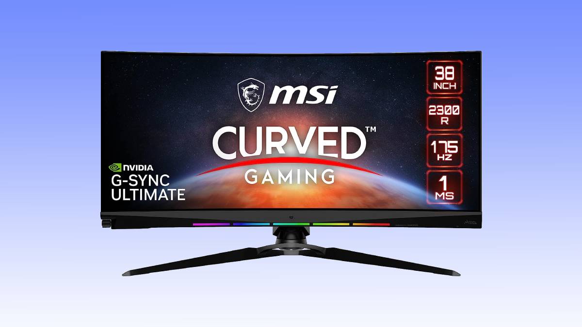 Curved MSI gaming monitor with NVIDIA G-Sync Ultimate, 38-inch display, 2300R curvature, 175Hz refresh rate, and 1ms response time.