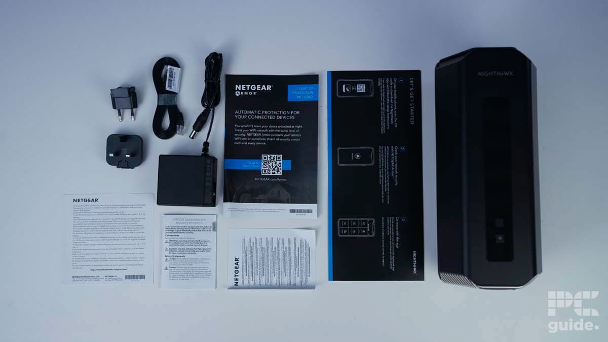 Netgear Nighthawk RS700 WiFi 7 Router (BE19000) box contents, source PCGuide