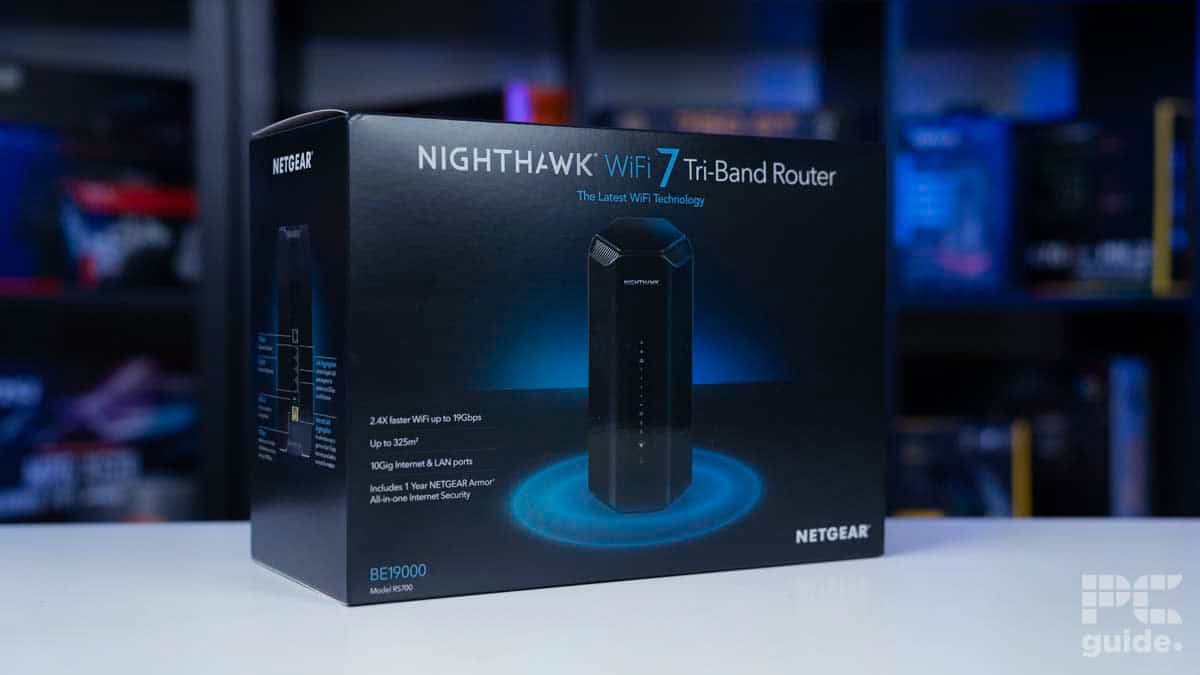 Netgear Nighthawk RS700 WiFi 7 Router (BE19000) box profile, source PCGuide