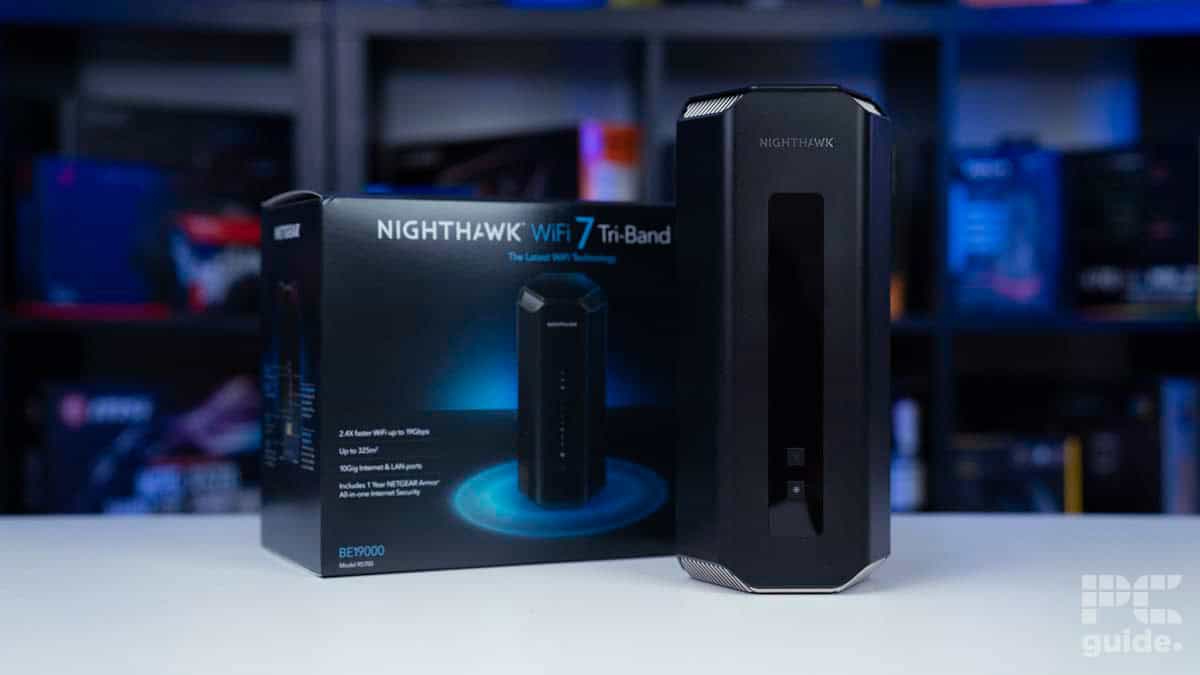 Netgear Nighthawk RS700 WiFi 7 Router (BE19000) infront of box, source PCGuide