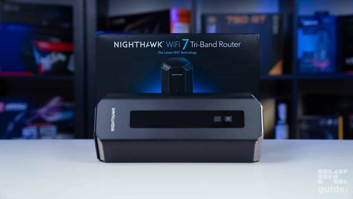 Netgear Nighthawk RS700 WiFi 7 Router (BE19000) laying in front of box, source PCGuide
