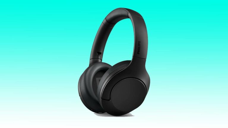Black Philips over-ear headphones against an auto draft turquoise background.