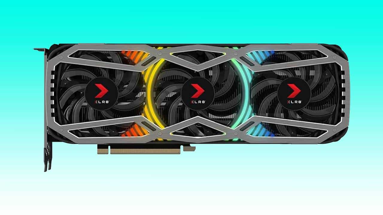A triple-fan graphics card with multicolored accents isolated on an auto draft teal background.