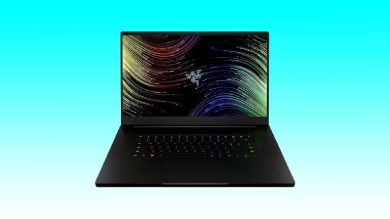 A black Razer Blade 17 gaming laptop with an illuminated keyboard and a screen displaying a colorful swirl pattern on a bright blue gradient background. Save $1900 today!