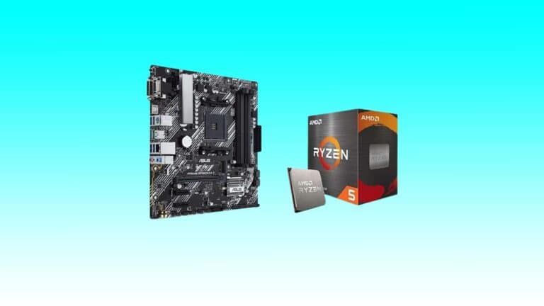 A computer motherboard bundle next to a boxed AMD Ryzen 5 processor against a teal background.