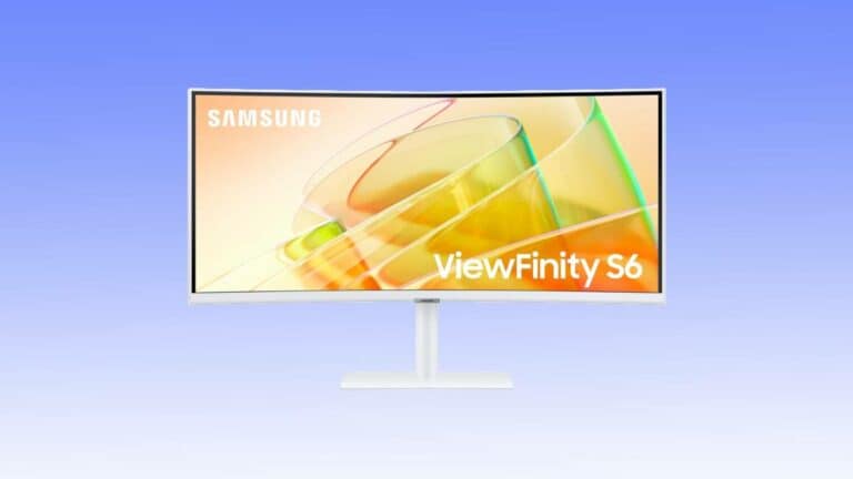 A Samsung ViewFinity S6 monitor deal on a white stand, displaying colorful abstract graphics, against a soft blue background.