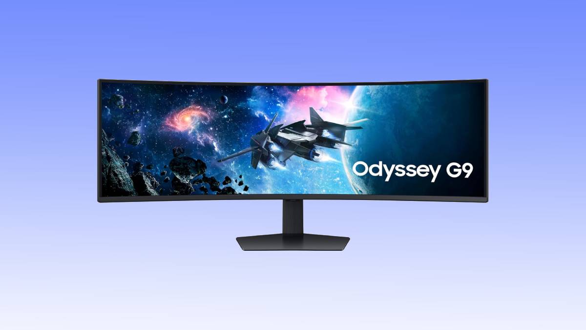A curved Samsung Odyssey G9 gaming monitor deal displaying a vibrant space scene with a spaceship and asteroids.