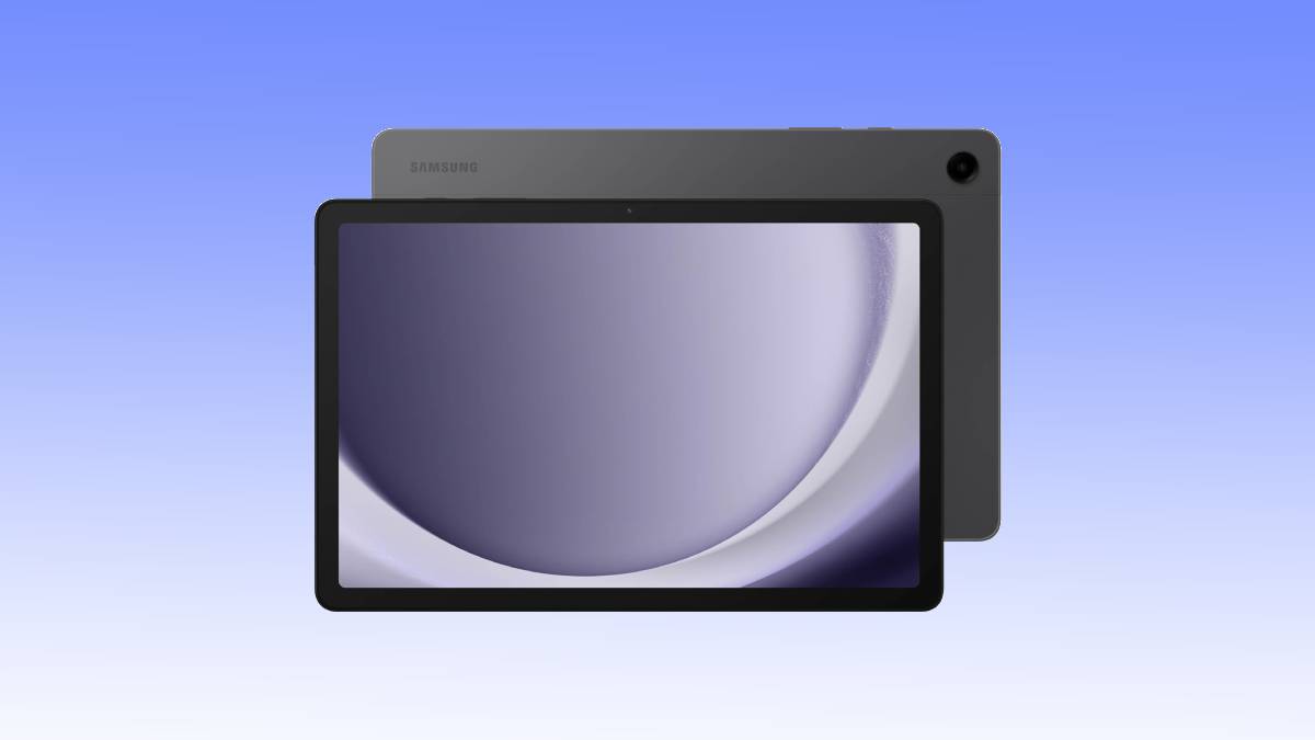 Two Samsung tablets are shown, with one tablet displaying a screen and placed slightly in front of another, which has a camera visible in the upper corner. The background is a gradient of blue to white.