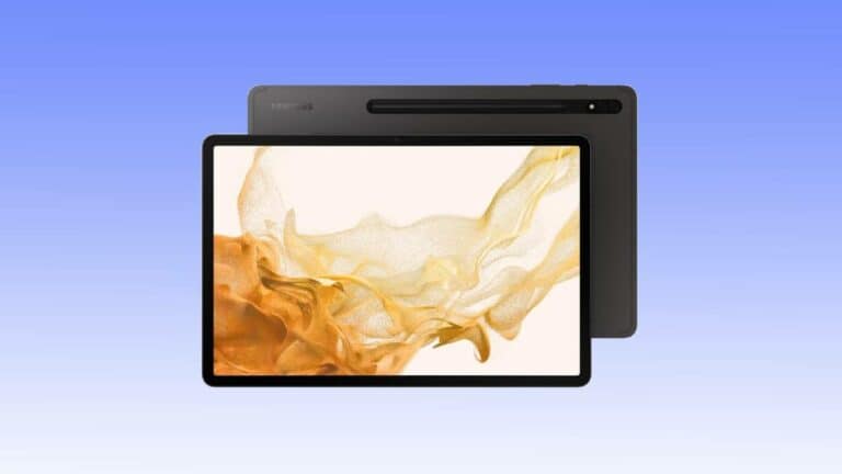 Samsung tablet displayed in landscape orientation with an abstract gold and white art background on its screen, positioned against a soft blue backdrop.