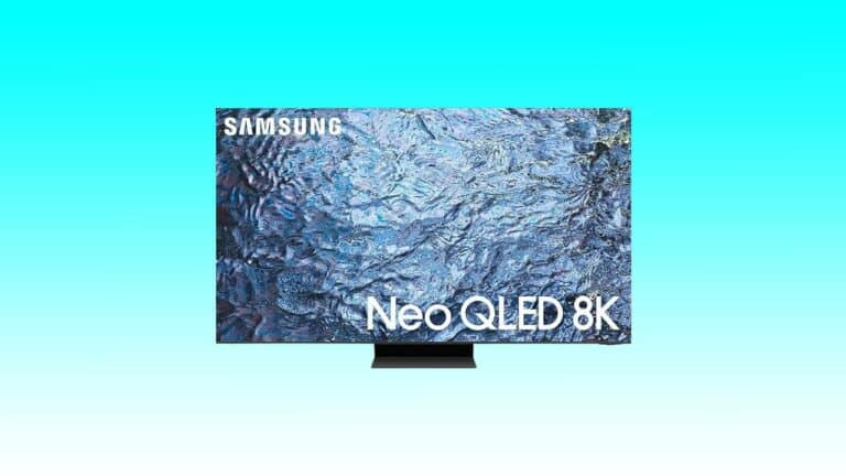 Samsung 65-inch Neo 8K QN900C television displaying a textured blue image, centered against a light teal background.