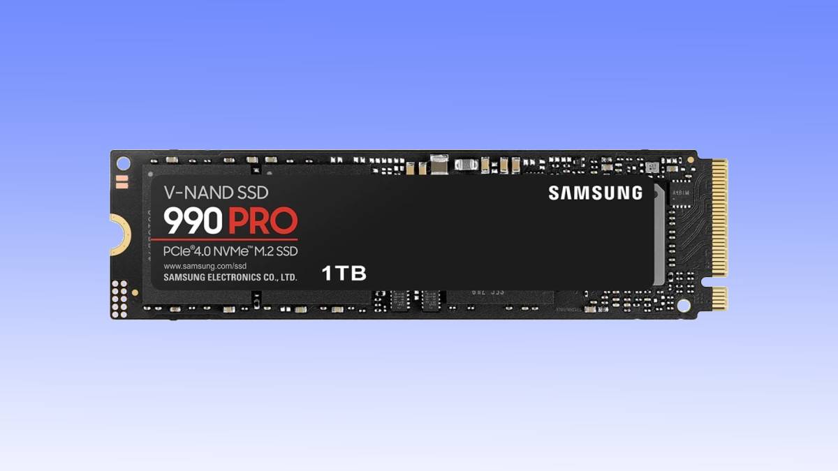 Samsung 990 Pro 1TB NVMe SSD deal with V-NAND technology, displayed against a blue background.