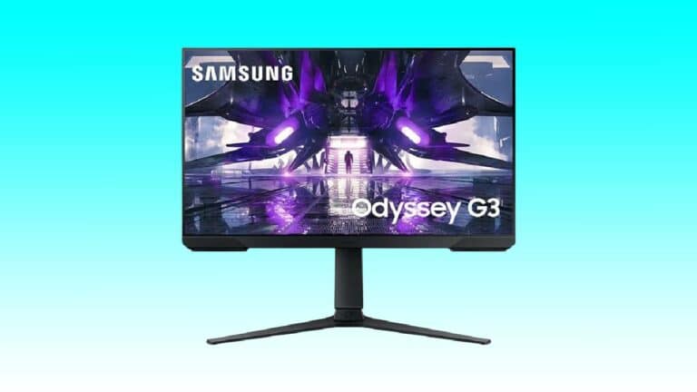 Samsung Odyssey G3 24-inch gaming monitor displaying a vibrant sci-fi themed image on a light blue background.