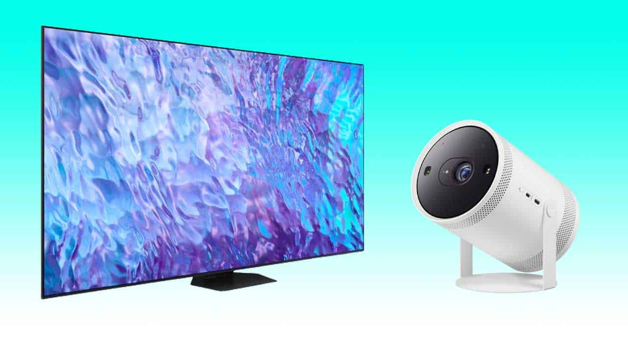 A Samsung QLED 4K Q80C TV displaying a vibrant abstract blue pattern next to the Freestyle 2nd Gen Projector on a light blue background.