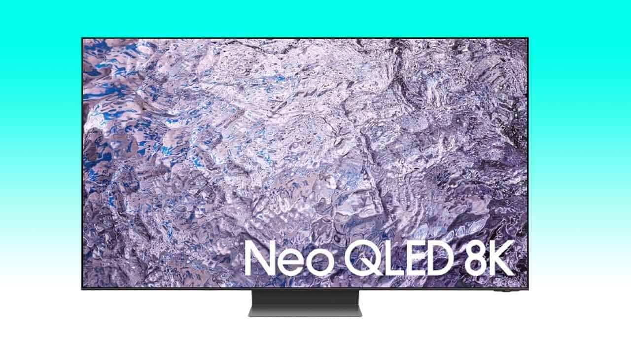 A television displaying the text "Samsung Neo QLED 8K" on a vibrant, abstract blue and silver background.