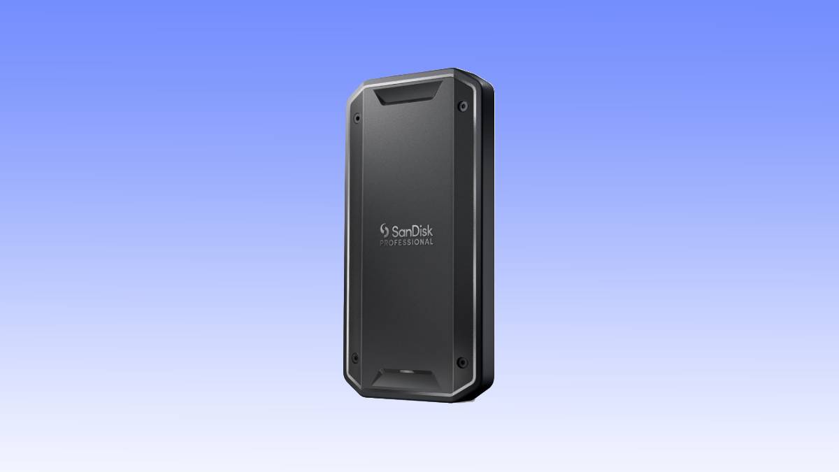 A black SanDisk Professional external solid-state drive (SSD) against a blue gradient background, showcasing the ultimate SSD deal.