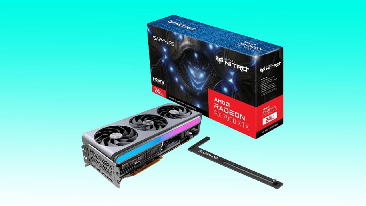 Two amd radeon rx 7900 xtx graphics cards with auto draft box packaging, one displayed outside the box on a gradient turquoise background.