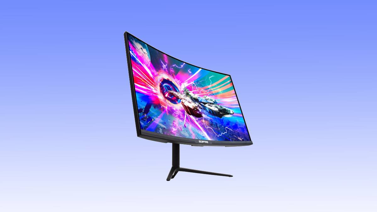 Curved gaming monitor deal displaying a vibrant graphic of a character in space, set against a blue gradient background.