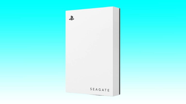 White Seagate HDD with PlayStation logo on a blue gradient background.