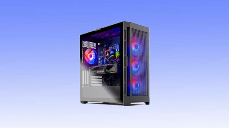 A gaming PC with a transparent side panel showcases its internal components, including vibrant RGB-lit fans and meticulously arranged cables.
