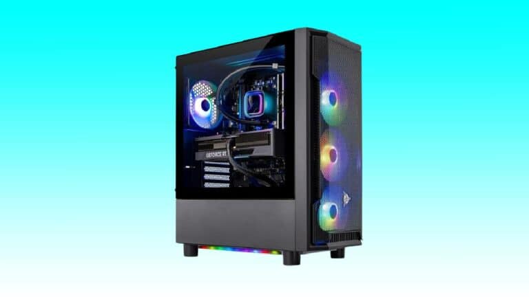 A Skytech Gaming PC with a transparent side panel showcasing internal components and multicolored LED lights, set against a gradient blue background.