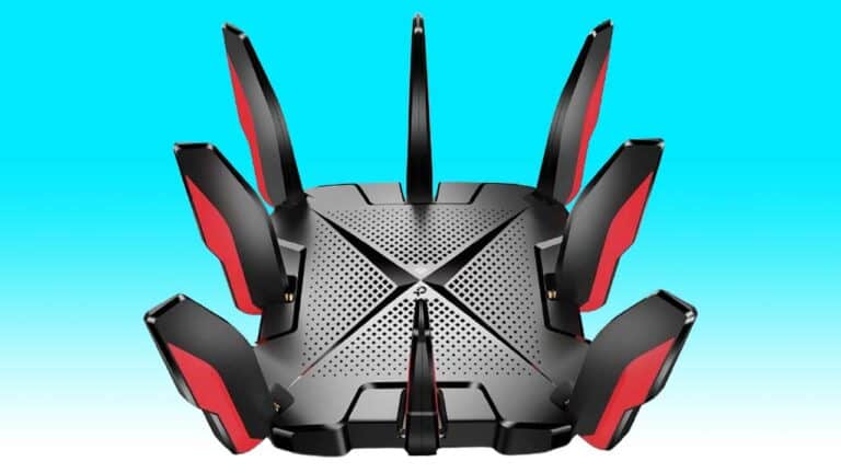 A high-speed Archer GX90 gaming router with eight red and black antennas on a blue gradient background.