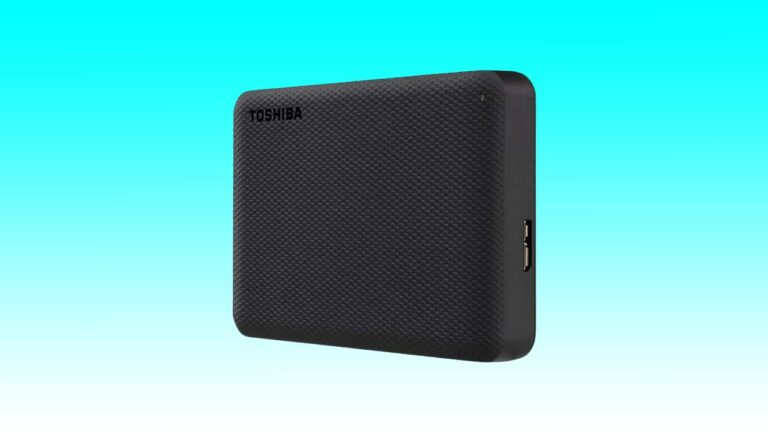 A Toshiba 4TB external hard drive with a textured black casing, displayed on a teal background.