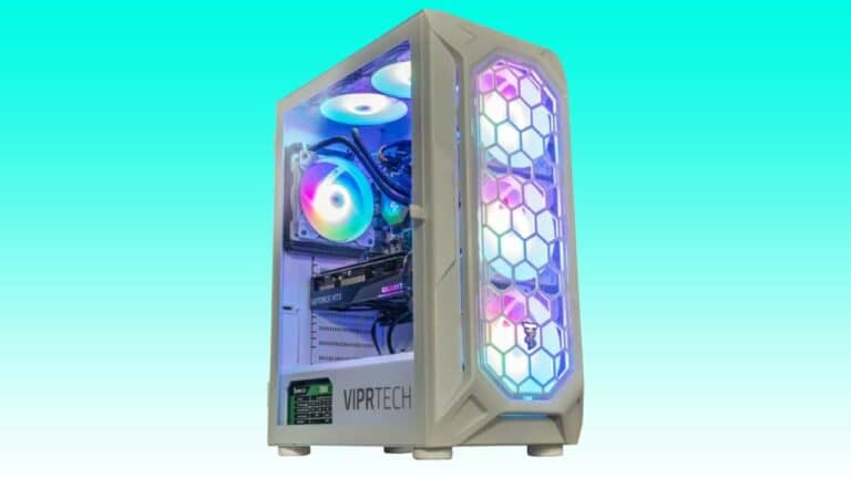 A modern gaming PC with a transparent side panel displaying internal components and multicolored LED lights, set against a gradient blue and green Auto Draft background.
