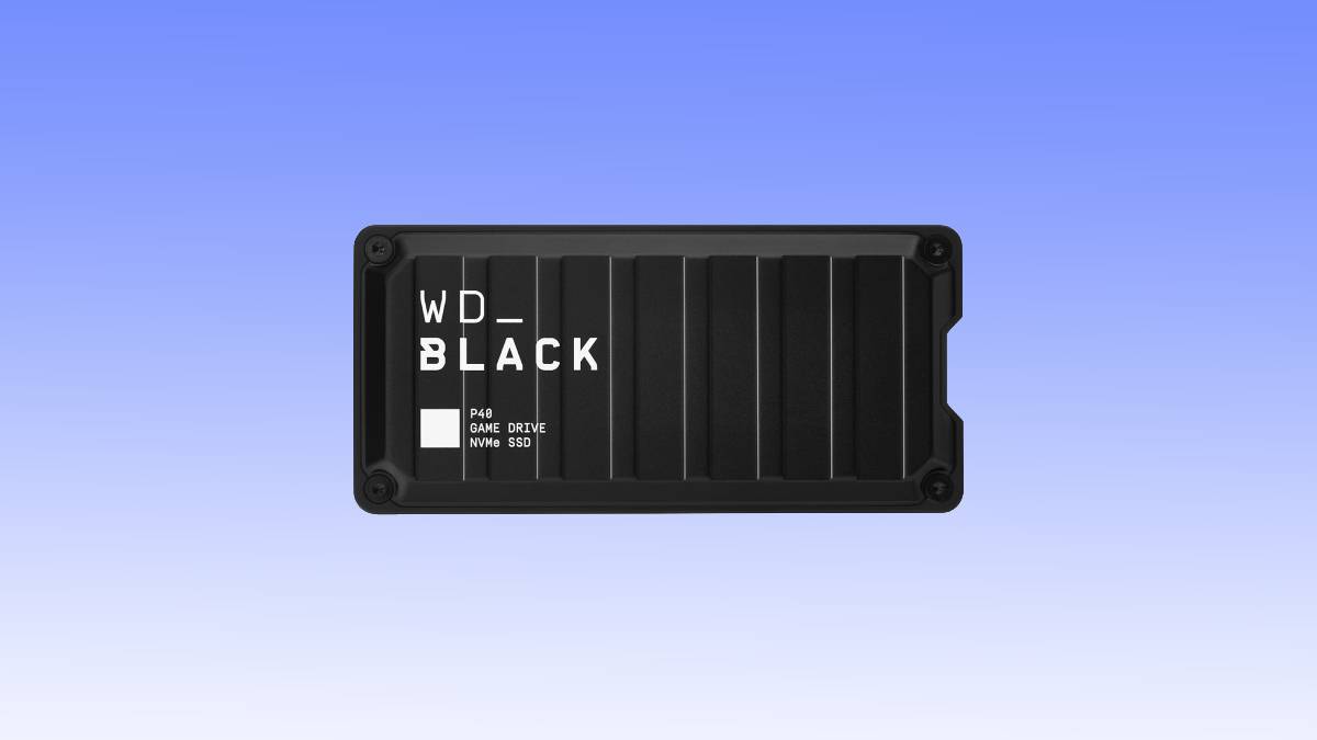 A wd_black portable ssd deal with a ridged black casing, labeled p40, shown against a blue gradient background.