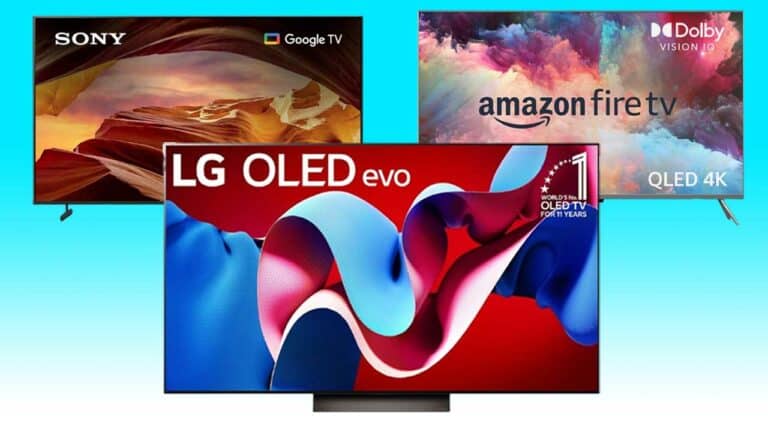 Three 4K high-definition TVs displaying vibrant images, branded by Sony, LG, and Amazon Fire TV, showcasing various display technologies.