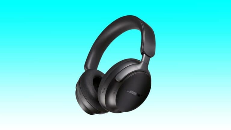 Black over-ear wireless Bose QuietComfort Ultra Headphones against a gradient blue and green background.