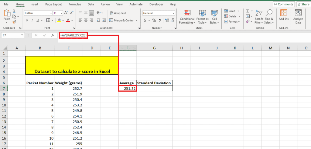 Excel spreadsheet showing a dataset for calculating z-scores. The average weight is 251.32 grams, and columns include packet number and weight. Highlighted cell displays the formula "=AVERAGE(C1:C28)". Learn how to calculate z-score using this data effectively.