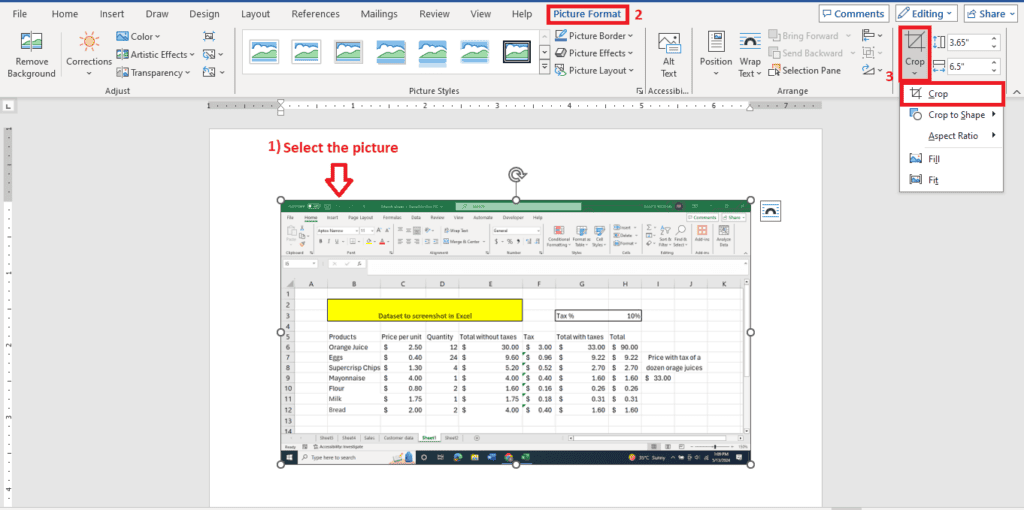 Screenshot of a Word document showing instructions on how to crop a picture. The image includes an Excel spreadsheet with data and a highlighted cell. A red arrow points to "Select the picture" with numbered steps, while also briefly touching on how to take a screenshot in Excel.