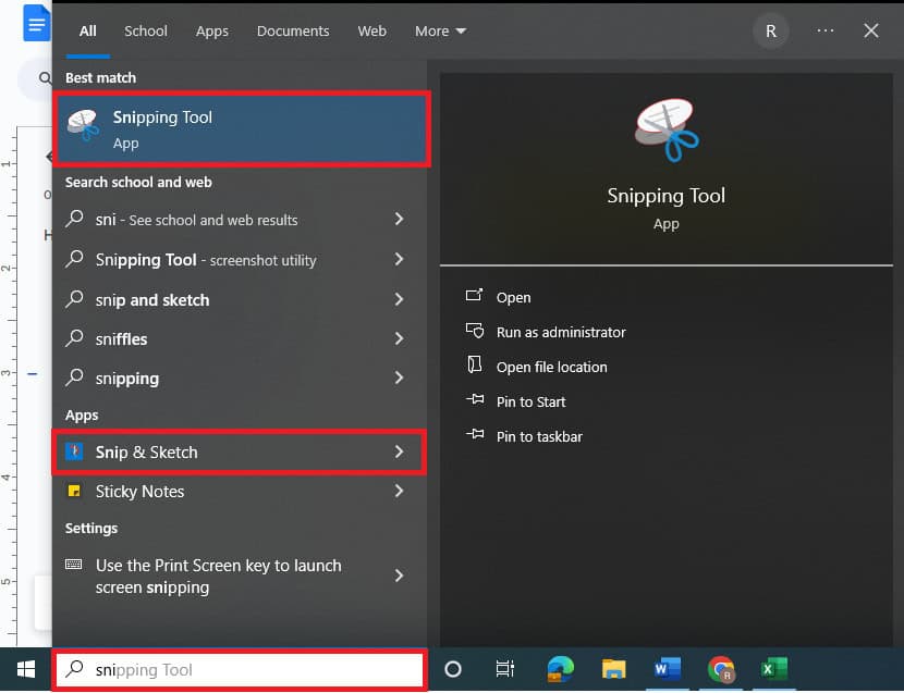A Windows search window showing results for "Snipping Tool," highlighting the Snipping Tool app and Snip & Sketch app. Options to open, run as administrator, open file location, and pin to taskbar are visible, guiding users on how to take a screenshot in Excel efficiently.