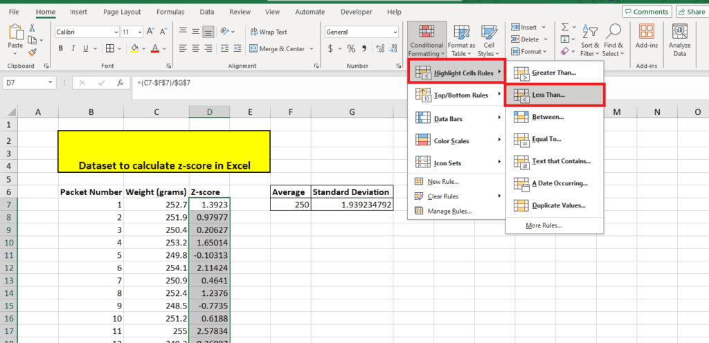 Excel spreadsheet displaying a dataset with packet weights in grams and their corresponding z-scores. The image highlights the conditional formatting menu for data analysis options, offering a clear view on how to calculate z-score effectively.